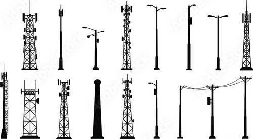 Communication towers, utility poles, cell towers, streetlights, power lines, telecommunication infrastructure, urban utilities, electricity distribution, 