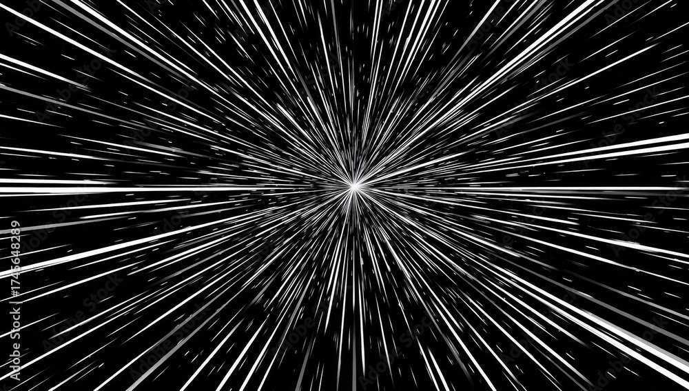 Obraz premium Abstract black and white image simulating high-speed travel, light streaking outward