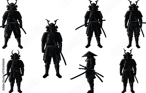 Silhouettes of Standing Samurai Warriors in Armor with Katana Swords, Japanese History, Bushido, Fighter, Martial Arts, Feudal Japan, Ancient Soldier, Black and White

.
