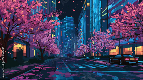 Futuristic Night Cityscape with Cherry Blossoms Vector Illustration