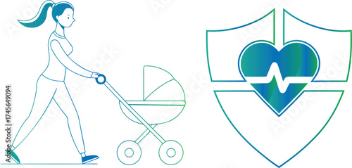 Wallpaper Mural Woman Pushing a Baby Stroller Next to a Shield Icon with a Heart and Heartbeat. Torontodigital.ca