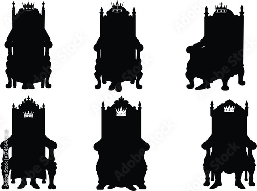 Silhouettes of Royalty Seated on Ornate Thrones Wearing Gold Crowns, Monarchy, Power, King, Queen, Authority, Medieval, Leadership, Black and White, Regal

.
