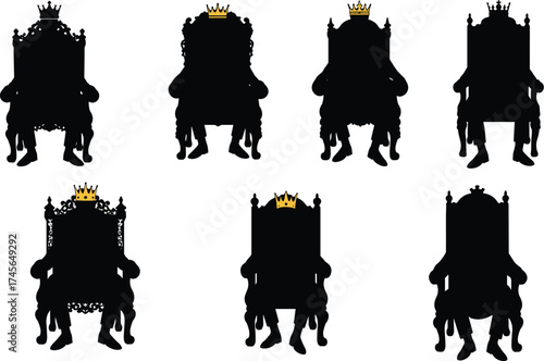 Silhouettes of Royalty Seated on Ornate Thrones Wearing Gold Crowns, Monarchy, Power, King, Queen, Authority, Medieval, Leadership, Black and White, Regal

.