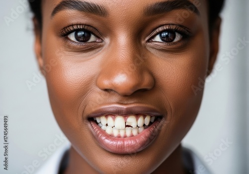 Close-up Portrait of Beautiful Black Woman Smiling with Half-Broken Front Tooth: Dental Damage Visualization of Confident Smile Despite Injury