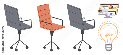 Three swivel office chairs, workspace monitor with design elements, and glowing light bulb. Ideal for creativity, teamwork, brainstorming, productivity, inspiration, office culture and innovation