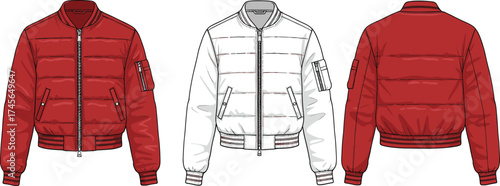 Bomber jacket flat sketch, quilted padded coat, fashion technical drawing, CAD garment vector, apparel design template, clothing illustration, women’s outerwear fashion