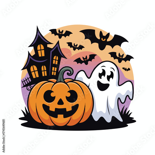 Halloween elements pumpkin and gost with bat