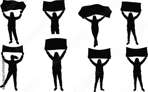 Silhouettes of Protesting Women Holding Blank Banners High, Advocacy, Demonstration, Activism, Protestors, Empty Sign, Social Change, Blank Space, Rally, Communication

.
