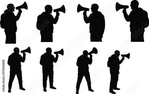 Silhouettes of Protesting Men Speaking into Megaphones, Activism, Announcement, Demonstration, Public Address, Communication, Political Rally, Black and White, Crowd Speaker

.