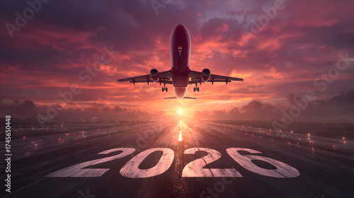 Commercial Airplane Taking Off from a Runway with 2026 New Year at a Dramatic Sunset