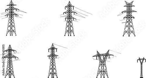 Electrical transmission towers, power pylons, high voltage lines, energy infrastructure, electricity grid, industrial engineering, utility structures, renewable energy, distribution network, 
