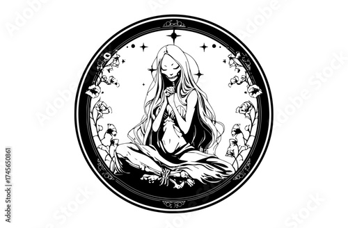 a stylized illustration of a woman meditating surrounded by flowers in an oval frameblack, circle, flower, girl, hair, illustration, sit, white, witch, woman 
