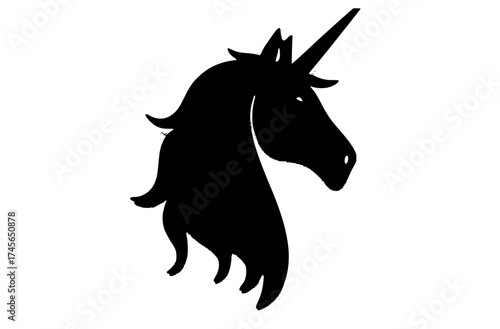 a black silhouette of a unicorn head on a transparent backgroundanimal, black, head, mane, profile, stencil, trumpet, unicorn, wall 