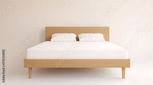 Fototapeta Naklejka Na Ścianę i Meble -  Minimalist bedroom setting with a wooden bed frame, white sheets, and two soft pillows, creating a serene and inviting space for rest.