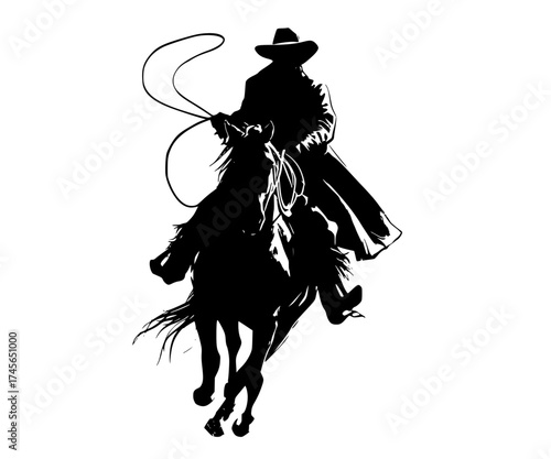 a silhouette of a cowboy riding a horse with a lassoblack, cowboy, cowboy hat, horse, horseback, lasso, man, profile, ride, rodeo, rope, sun hat 