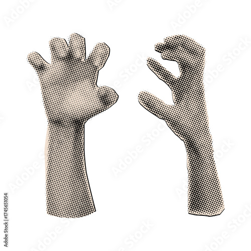 Devil hand claw gesture in halftone texture,trendy collage elements for halloween