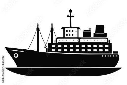 Silhouette Illustration of a Ferry Boat or Cargo Ship with Multiple Decks