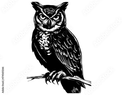 a black and white drawing of an owl perched on a branchblack, branch, illustration, owl, perch, sit, tree branch, twig, white 