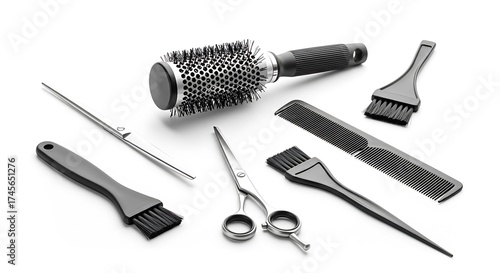 Collection of professional hair styling tools including brushes combs scissors and dye brushes isolated on white background