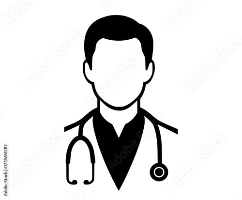 a black and white silhouette of a male doctor iconavatar, black, coat, doctor, flat, icon, illustration, lab coat, man, neck, profile, stethoscope, tie, wear 