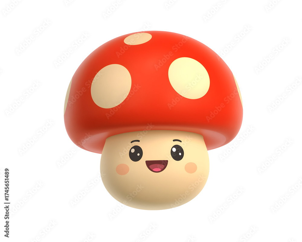 Fototapeta premium Adorable mushroom character with a red cap and cream spots radiating joy and whimsy
