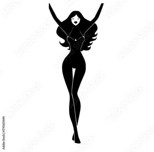 a silhouette of a woman with long flowing hair, arms raised in celebrationbeautiful, black, dance, girl, hair, illustration, pose, profile, sword, woman 