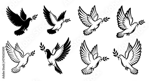 Collection of flying dove silhouettes with olive branches isolated on white background