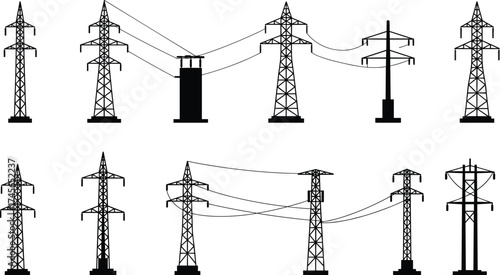 Electrical transmission towers, utility poles, power lines, high voltage pylons, electricity grid, energy infrastructure, industrial engineering, renewable energy, distribution system, technology