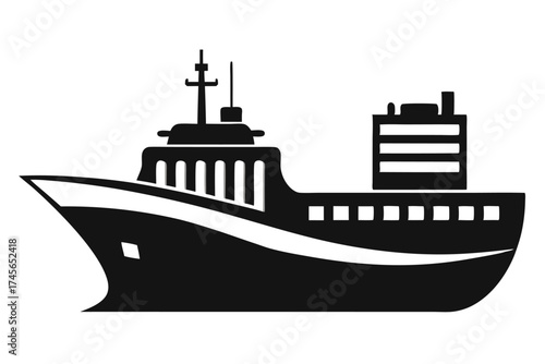 Stylized Black Silhouette of a Large Cargo Ship or Ferry Boat Illustration