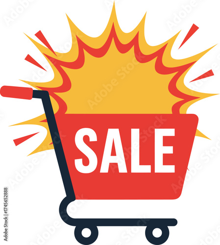 Shopping cart with explosive sale sign for retail promotions vector