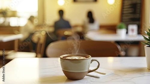 A cup of hot coffee with latte art sits on a marble tabletop in a cafe with steam rising The background is softly blurred showing two people and warm lights