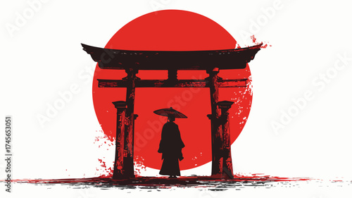 Japanese Shrine Priestess in Traditional Kimono by Torii Gate