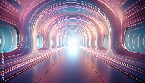 Journey Through Futuristic Corridor: A mesmerizing passage of light guides the eye down a modern, sleek tunnel with vibrant color hues. Symbolizing progress and technology. Ai generated image