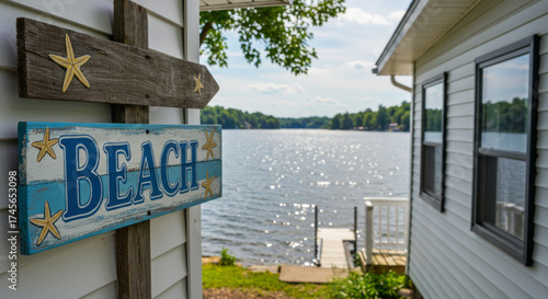 Serene Lakeside Retreat: Beach Sign Decor on a Cozy Waterfront Cottage with Dock View