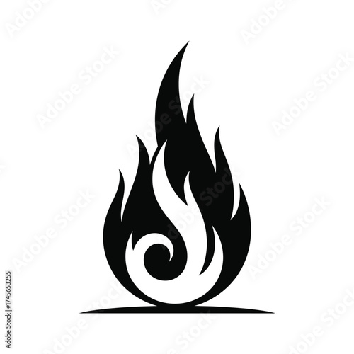A stylized black flame with a swirl is