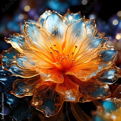 Radiant Bloom: A close-up shot of a stunning, translucent flower with a beautiful gradient of colors, highlighting the delicate details of each petal, Unique, radiant flower. Ai generated image