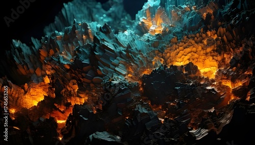 Ethereal Volcanic Terrain: A mesmerizing abstract landscape, where jagged formations of teal and fiery orange meet, Cool above, warm below. Ai generated image