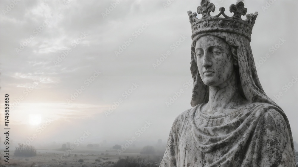 Fototapeta premium Queen Statue Misty Sunrise Ethereal Landscape