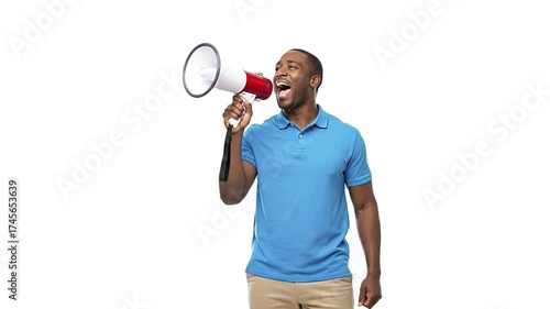 A dark-skinned man in a blue polo shirt shouts into a red and white megaphone against a plain white background