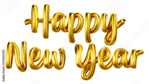 Golden happy new year text isolated on transparent background