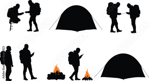 Camping silhouettes, hikers with backpacks, tent and campfire, outdoor adventure, digital lifestyle, nature exploration, teamwork, technology use, wilderness travel, night camping