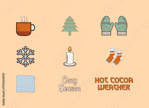 Retro Cozy Winter Holiday Vector Sticker Pack – Muted Christmas and Cold Weather Icons