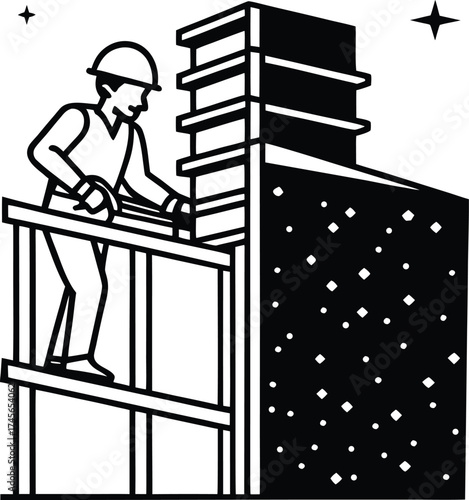 Construction worker welding steel girder on skyscraper rooftop
