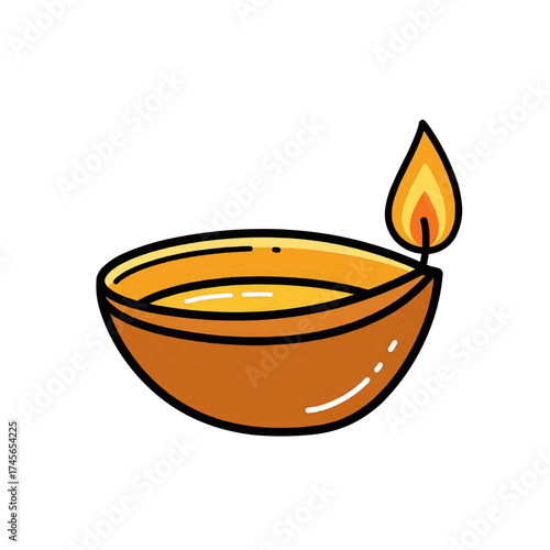Traditional Indian terracotta Diya oil lamp with burning flame, cartoon outline style, brown and orange, Diwali festival