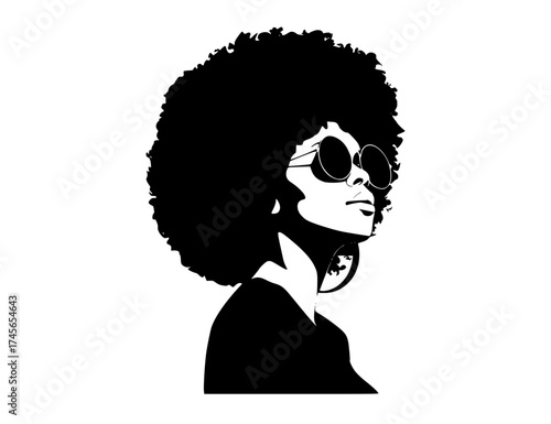 a stylized silhouette of a woman with an afro and sunglassesafro, black, cup, goggles, hair, illustration, profile, sunglasses, wear, woman 