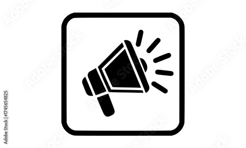 a black and white icon of a megaphoneblack, flat, hammer, icon, illustration, judge, lamp, magnifying glass, megaphone, signal, speaker, square, symbol, vector icon 