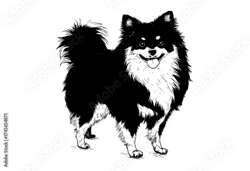 a black and white drawing of a dog, specifically a pomeraniananimal, black, dog, husky, illustration, stand, tail, white 