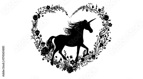 a silhouette of a unicorn in a heart shape surrounded by floral elementsblack, flower, heart, heart shape, horse, illustration, mane, pony, profile, shape, tail, unicorn 