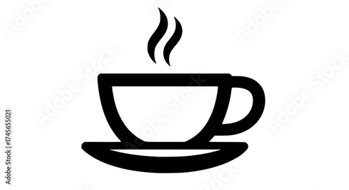 a black and white icon of a cup with a saucerbeverage, black, coffee, coffee cup, cup, hot, icon, illustration, liquid, mug, saucer, steam, tea 