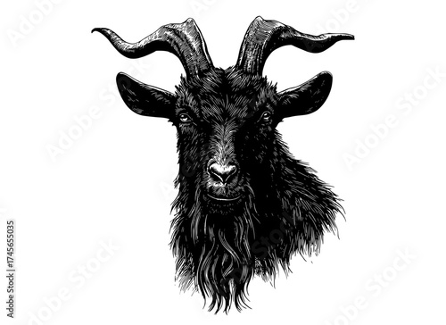 a black and white drawing of a goat head with long hair and curved hornsanimal, black, goat, head, illustration, portrait, trumpet, white 